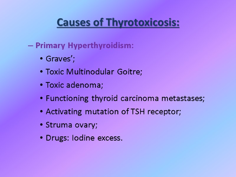 Primary Hyperthyroidism: Graves’; Toxic Multinodular Goitre; Toxic adenoma; Functioning thyroid carcinoma metastases; Activating mutation